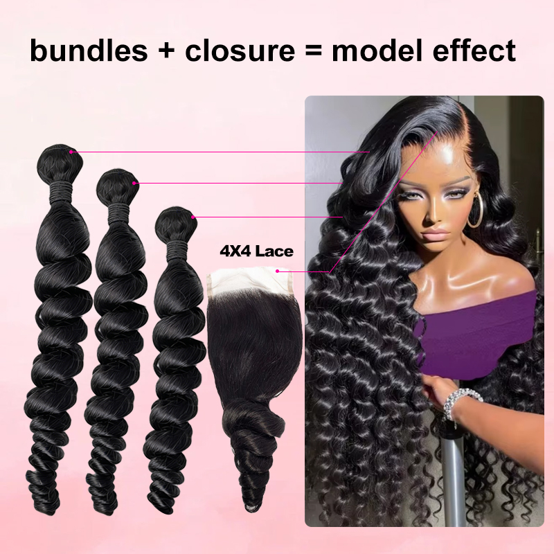 Deep Wave 3 Bundles With Closure - 30-40인치 루즈 웨이브 번들, 4x4 레이스