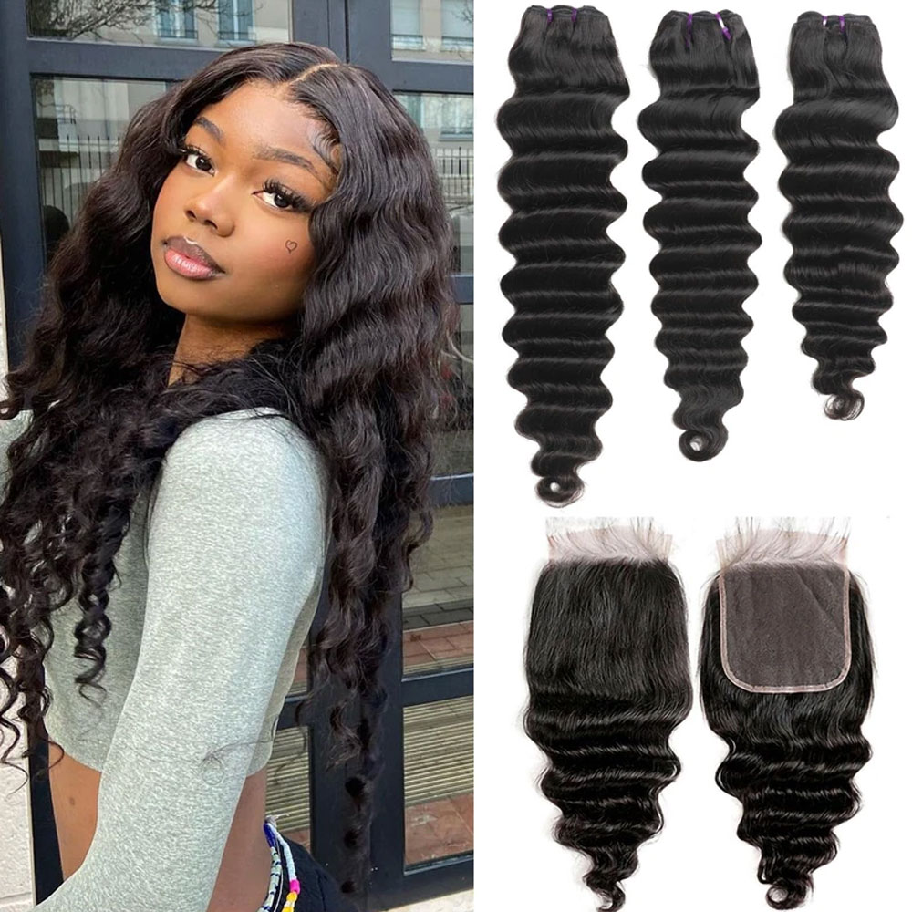 Deep Wave 3 Bundles With Closure - 루즈 딥 웨이브 번들과 5x5, 6x6
