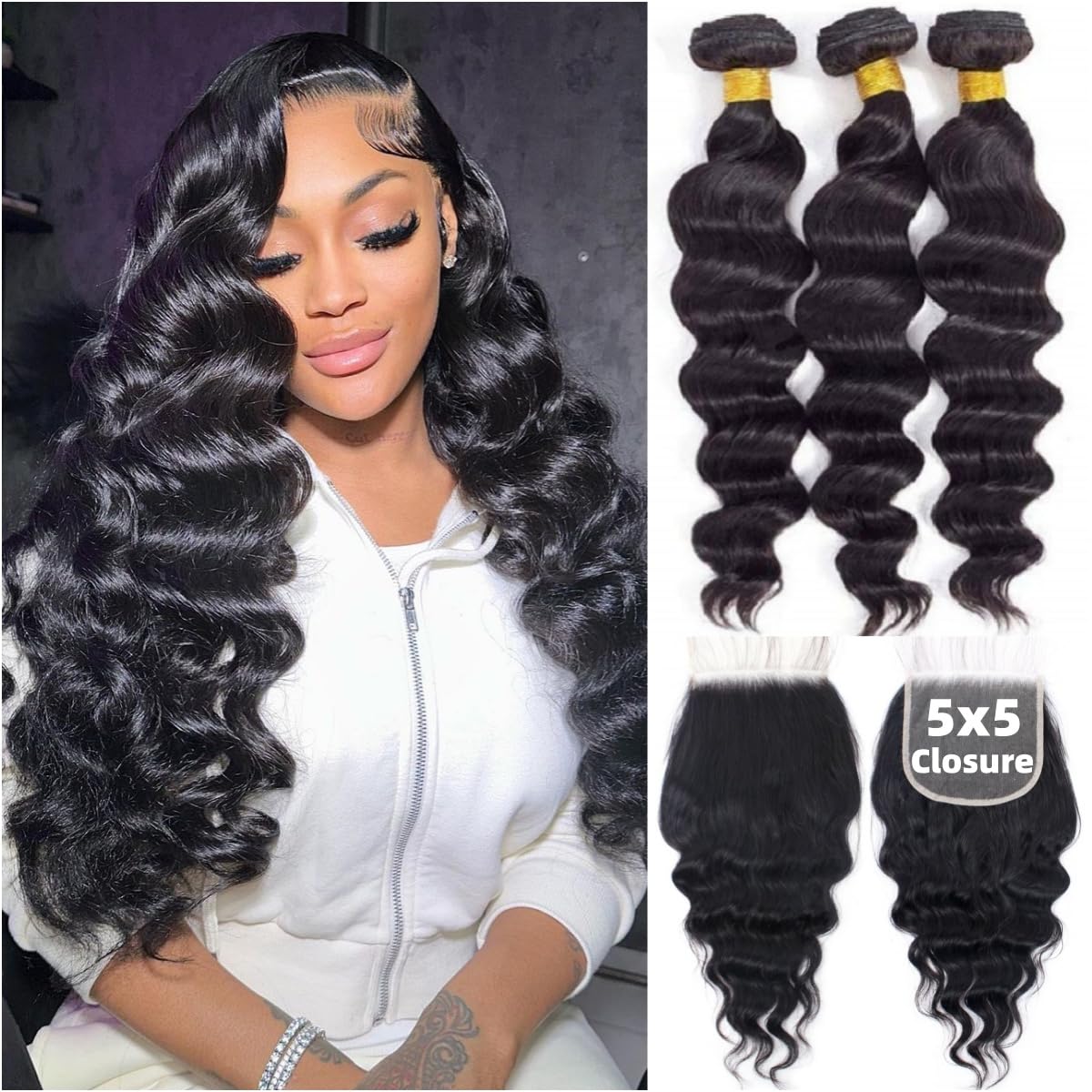 Deep Wave 3 Bundles With Closure - 루즈 웨이브 인모 헤어 번들 (클로저