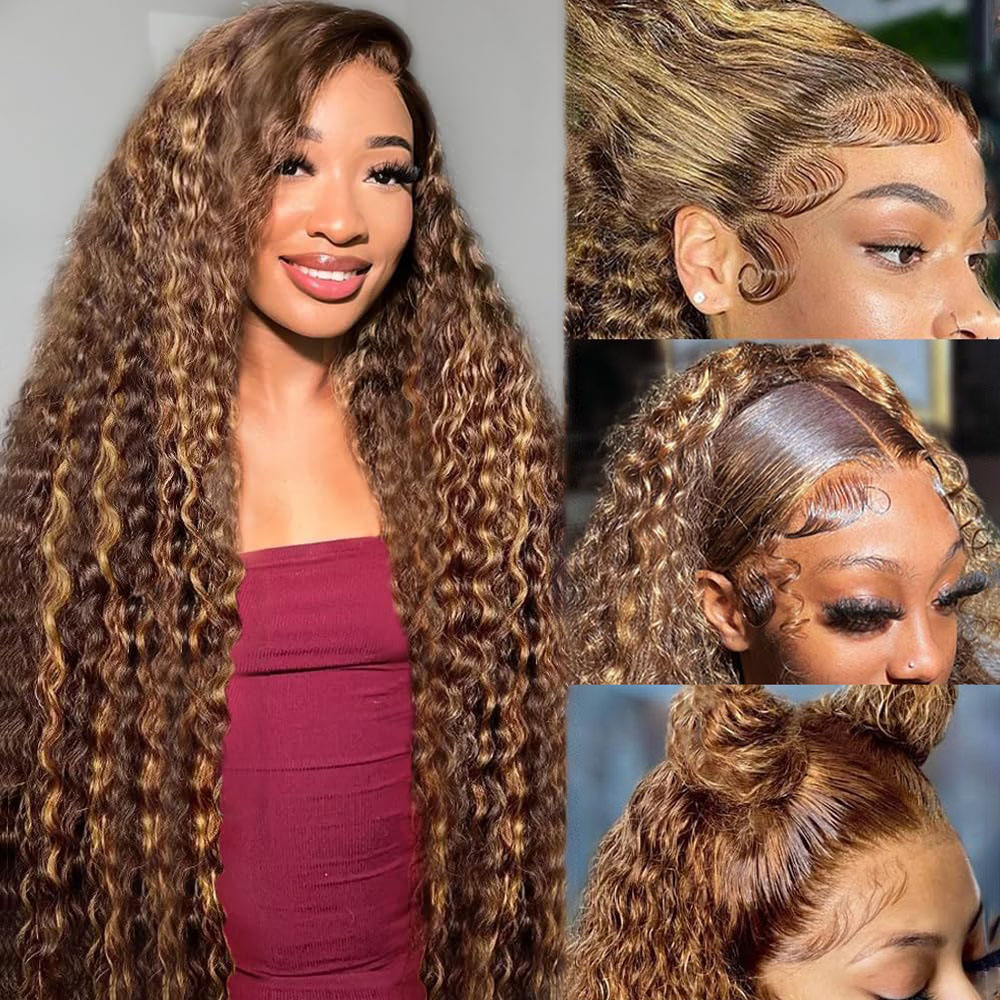 Lace Front Wigs - 36인치 딥 웨이브 P4/27 하이라이트 옴브레