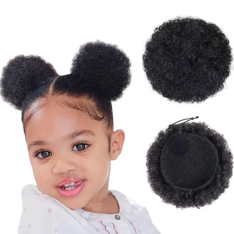 Drawstring Afro Curly Puff Ponytail - 1개/팩 어린이 헤어 퍼프 천연 블랙