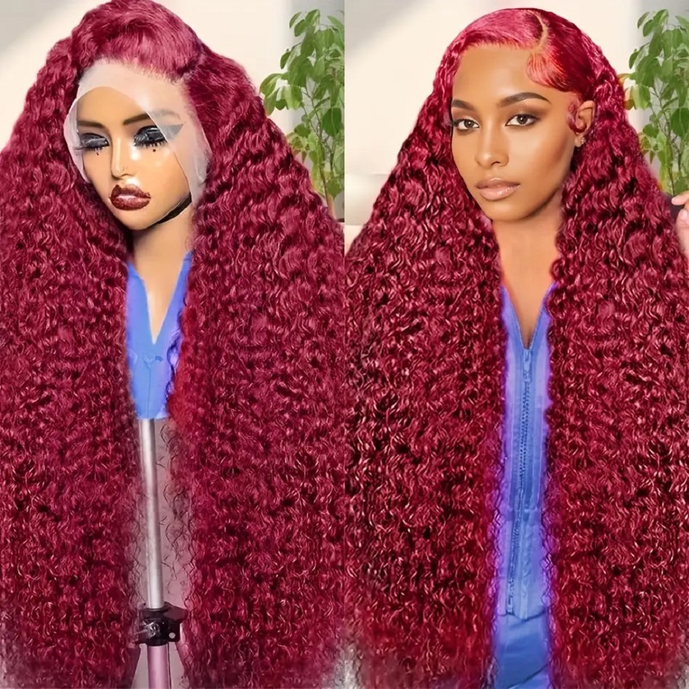 Human Hair Wigs - 200% 밀도 버건디 딥 웨이브 인모