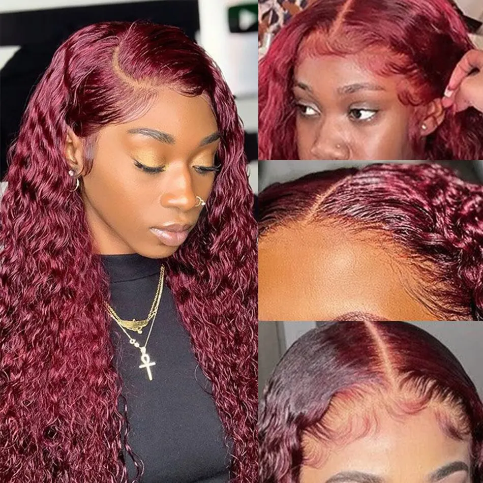 99J 버건디 컬러 딥 웨이브 200% 밀도 13x6  - Human Hair Wigs 리뷰 및 가격