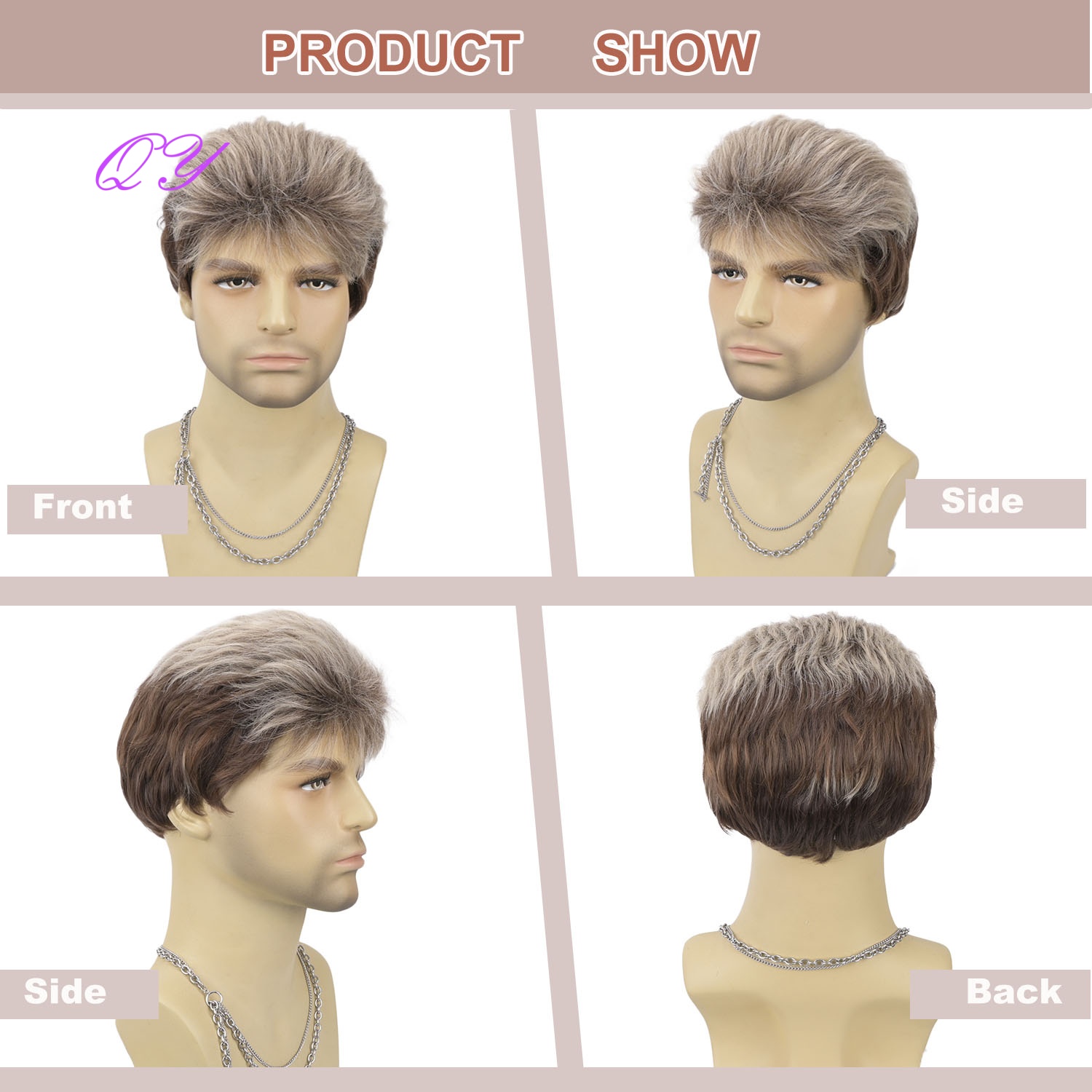 합성 짧은 갈색 아마색 남성용 레이어드 푹신한 가발(앞 - Synthetic Wigs 리뷰 및 가격
